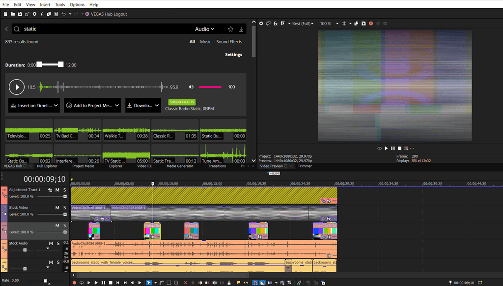 VEGAS Pro video editing software interface showing a timeline with audio and video tracks and a television static preview.