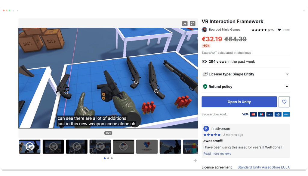 A VR game store page shows guns, ammo, and virtual hands on a blue table, with product details and price listed.